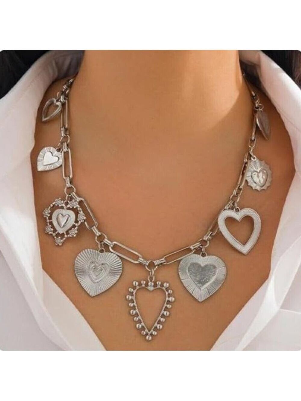 Silver Tone Chunky Heart Pendant Charm Necklace Fashion Layered Jewelry